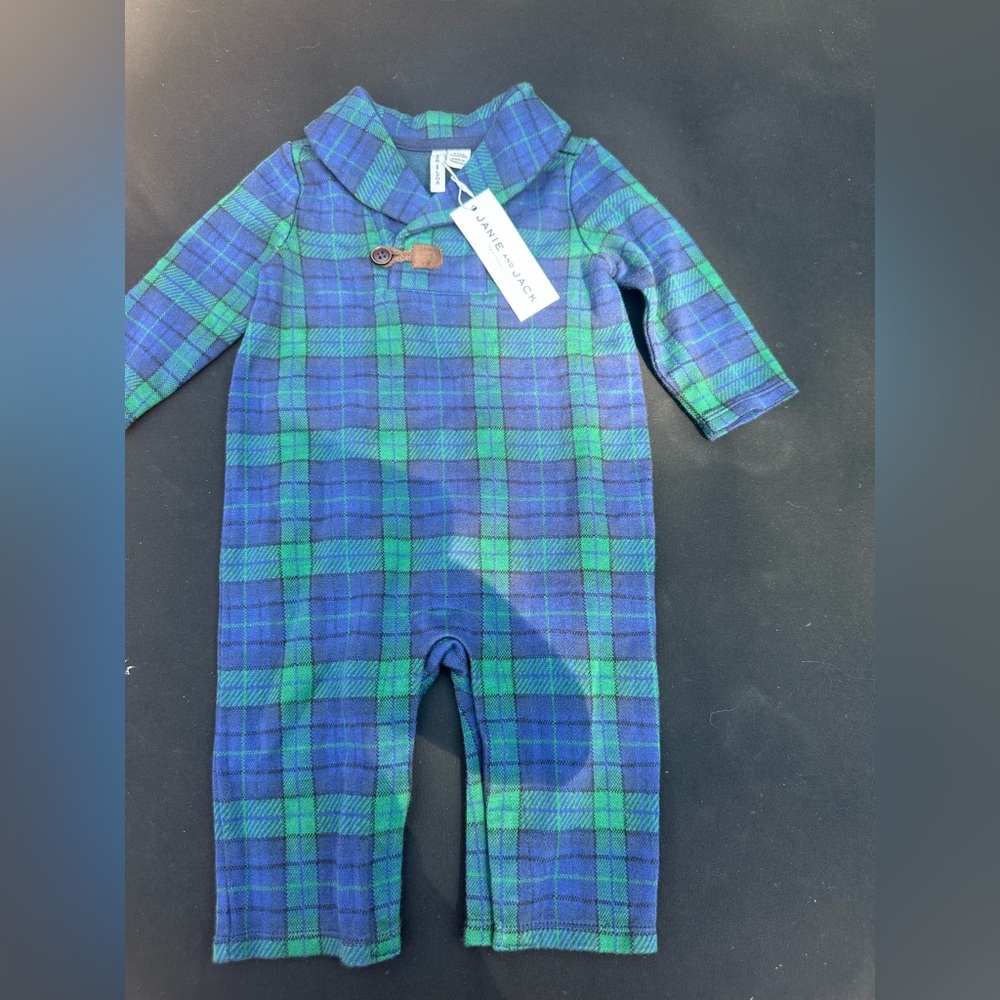 Janie and Jack Blue and Green Plaid Jumpsuit